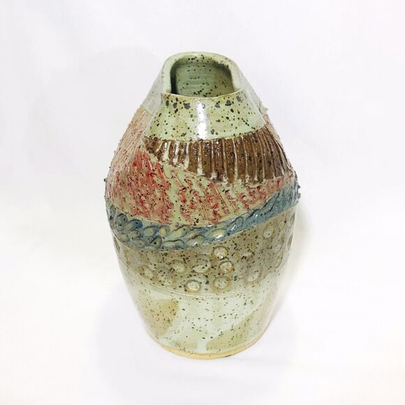Artisan Ceramic Oval Flat Vase with Multi Textured Raised Pattern, 6”H EUC - Picture 4 of 7